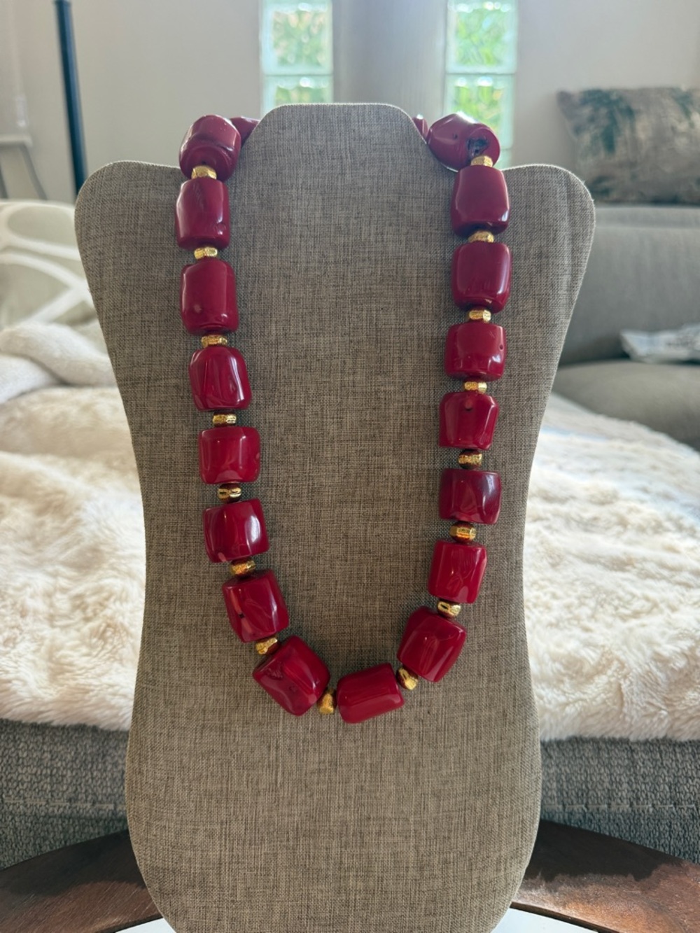 Red Beaded Statement Necklace with Gold Accents (Real Coral)